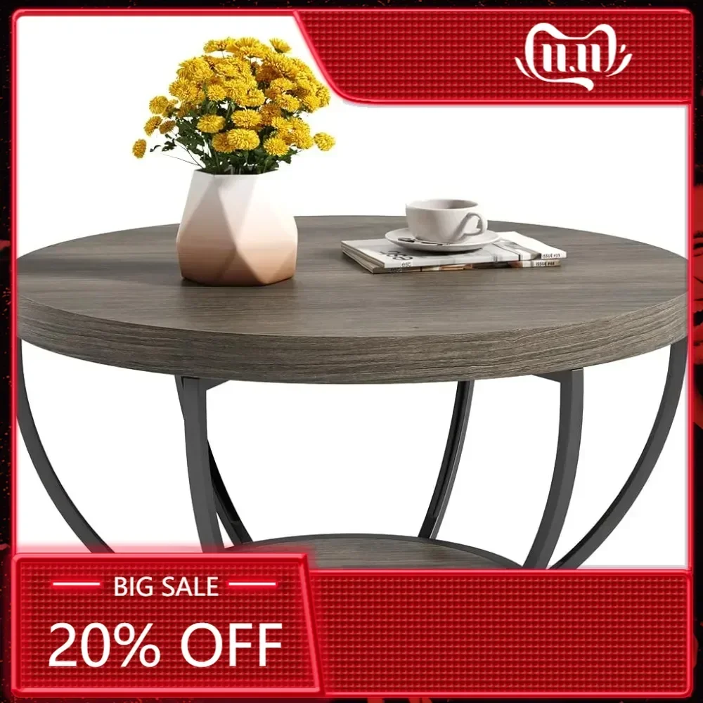 Round Coffee Table, 32" Circle Coffee Table for Living Room, 2-Tier Wood Accent Center Table with Open Storage Industrial Desig