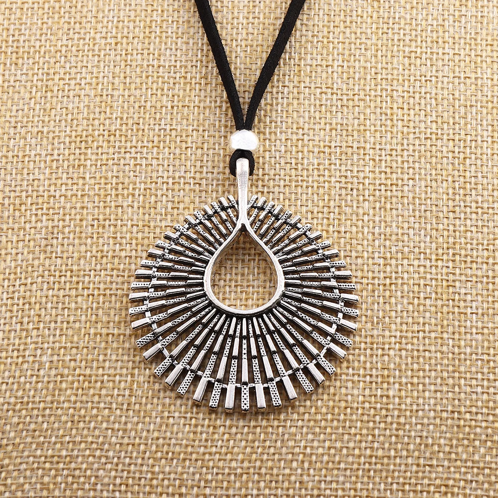 

Tibetan Silver Boho Hollow Open Water Drop Pendant Necklace on Long Black Suede Cord Lagenlook 32‘’ for Jewelry Women
