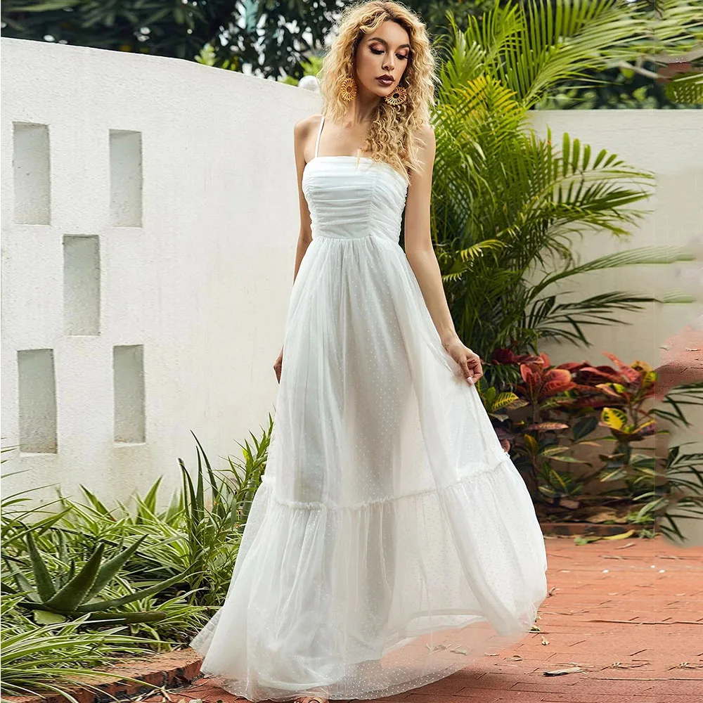 

Elegant Spaghetti Strap Maxi Dress Floor Length Pleat Tulle Prom Dresses White A-line Evening Women Gown With Sleeveless Simple
