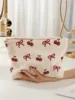 1pc，Pink bow patterned corduroy zipper makeup bag, lightweight and multifunctional makeup storage bag 1