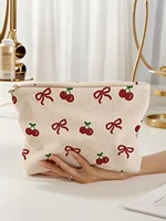 1pc，Pink bow patterned corduroy zipper makeup bag, lightweight and multifunctional makeup storage bag 1