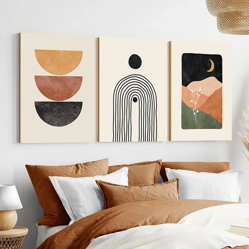 3pcs Boho Abstract Geometry with Framed Wall Art Canvas Painting Poster Leaves Sun Rainbow Living Room Interior Picture Decor