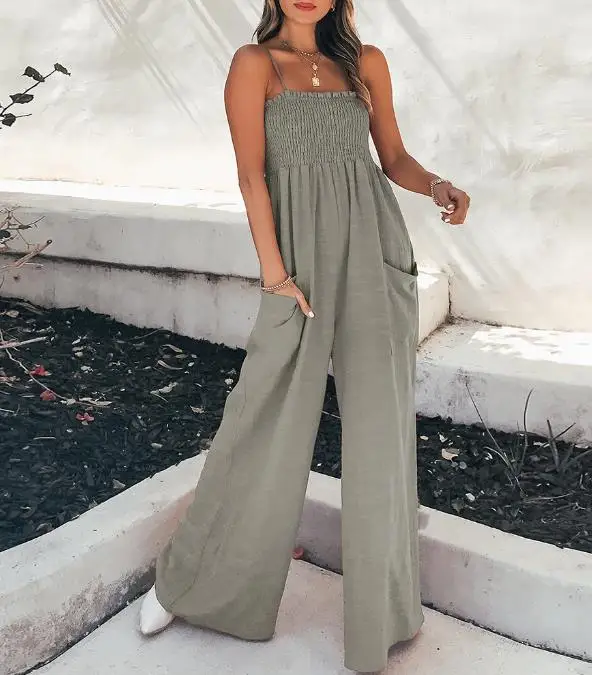 

Sexy Jumpsuit Women 2023 Summer New Casual Fashion Solid Color Strap Pleated Style Commuter High Waist Jumpsuit Y2K streetwear