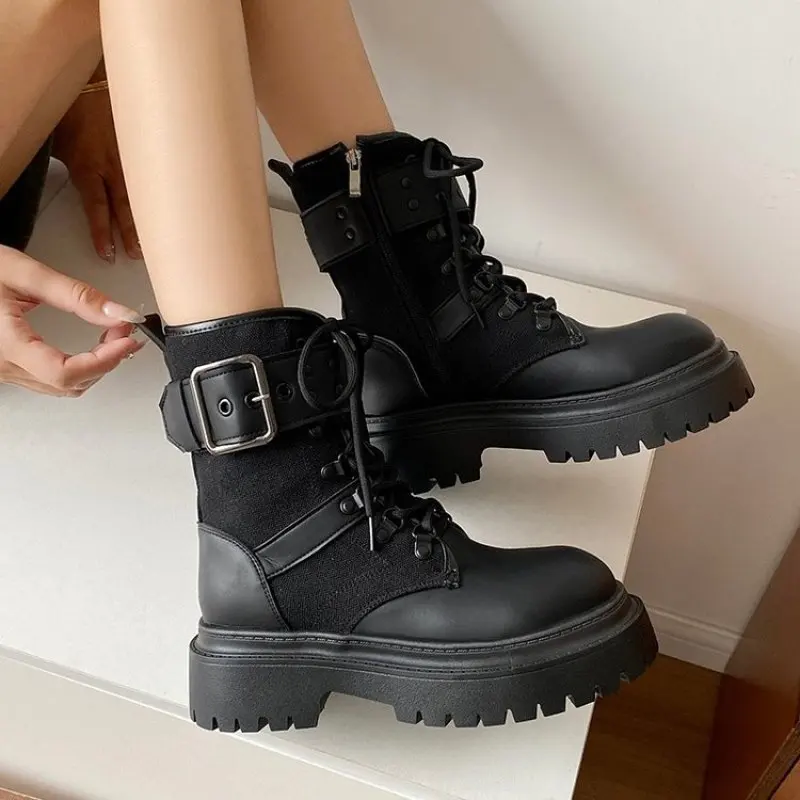 New Black Chunky Heel Platform Punk Outdoor Women's Hot Girl Knight Western Cowboy Boot English Style Fashion Comfort Ankle Boot