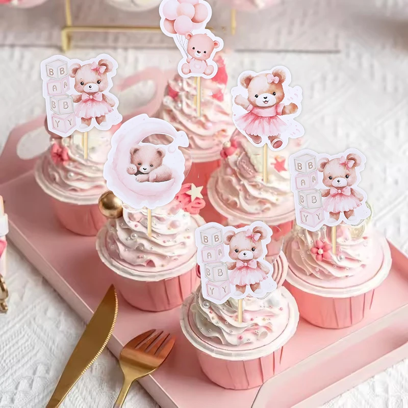12/24 Stück Cupcake-Topper mit Cartoon-Bär für Kinder, Jungen, Mädchen, 1. Geburtstag, Party, Kuchen, DIY-Dekoration, blau, rosa, Babyparty-Gefälligkeiten – Detail 6