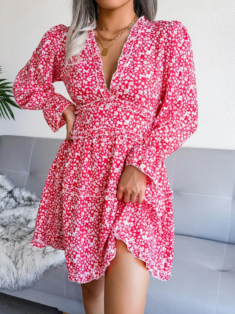 

Female Dress 2023 Spring/Summer Sexy V-neck Floral Long Sleeved Knee Length Elegant and Pretty Women's Dresses