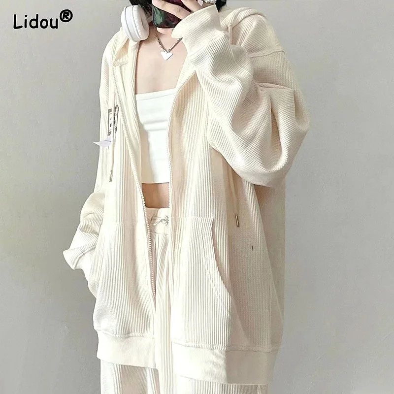 Hoodies Loose Drawstring Pockets Zipper Solid Women's Clothing 2022 Cardigan Casual Fashionable Young Style Autumn Winter Simple