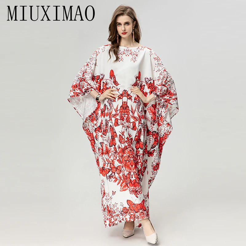 MIUXIMAO 2024 высококачественное Женское Платье макси с круглым вырезом рукавом летучая мышь женское платье с цветочным принтом бабочки кафтан длинное платье