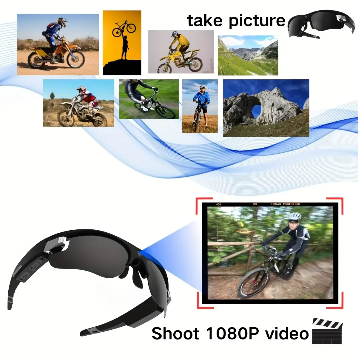 Videozonnebrillen, Full HD-foto- en video-opname Buitensporten Actiecamera met gepolariseerde UV-bescherming Veiligheidslenzen, slimme camerabrilondersteuning 128 GB geheugen voor autorijden, fietsen