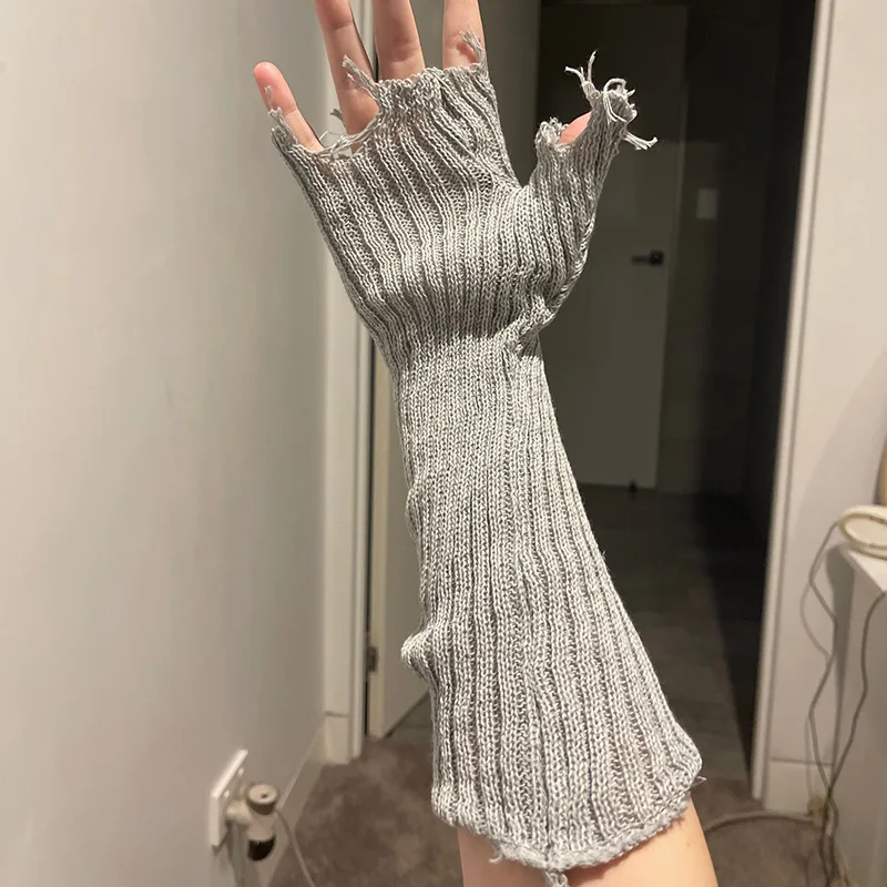 Fingerless gloves Girl Gloves Black Beige Tattered Punk Unisex Fingerless Cuff Knit Glove Women Men Elbow Mittens Broken Arm Warmer Gloves