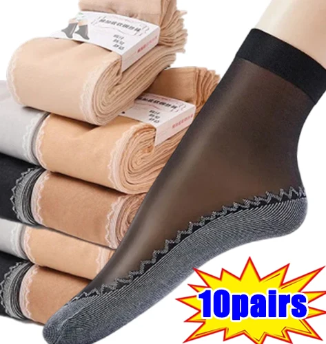 

1-10pairs Spring Summer Women Soft Socks Velvet Silk Socks Non-Slip Bottom Splice Transparent Ladies Ultrathin Breathable Sock