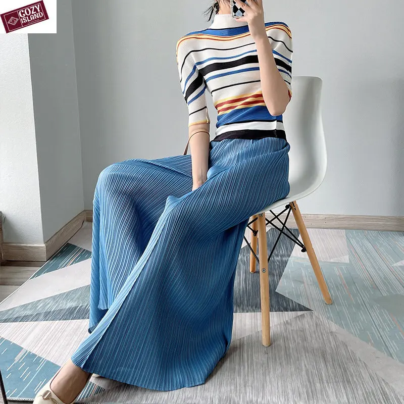 

Flared Pants Culottes Pleated Wide-leg Pant Trousers Drape Thin Advanced Texture Green Baggy Swing Loose Bottom Sweatpants Women