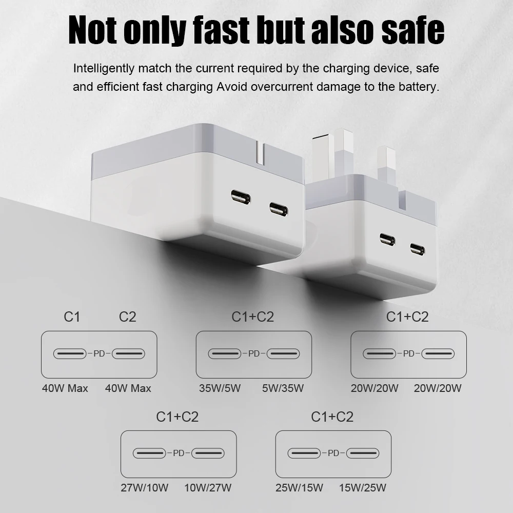 Фото Зарядное устройство складное с двумя USB-портами, 40 Вт, Тип C №3