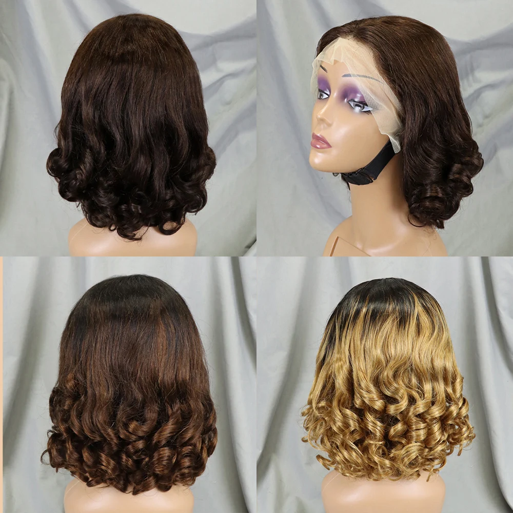 200% Density 14 Inches Loose Wave Fumi Bouncy Curly Wigs Real Human Hair  Double Drawn Hair Wigs 13x4  Lace Frontal Wigs