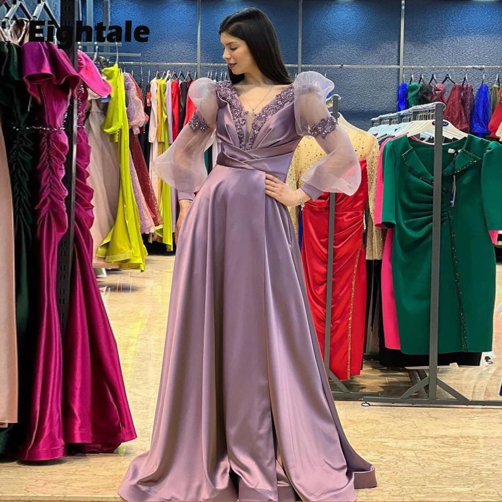 

Eightale Arabic Prom Dresses Satin A-Line Evening Gown for Wedding V-Neck Long Puffy Sleeves Celebrity Party robe de soirée