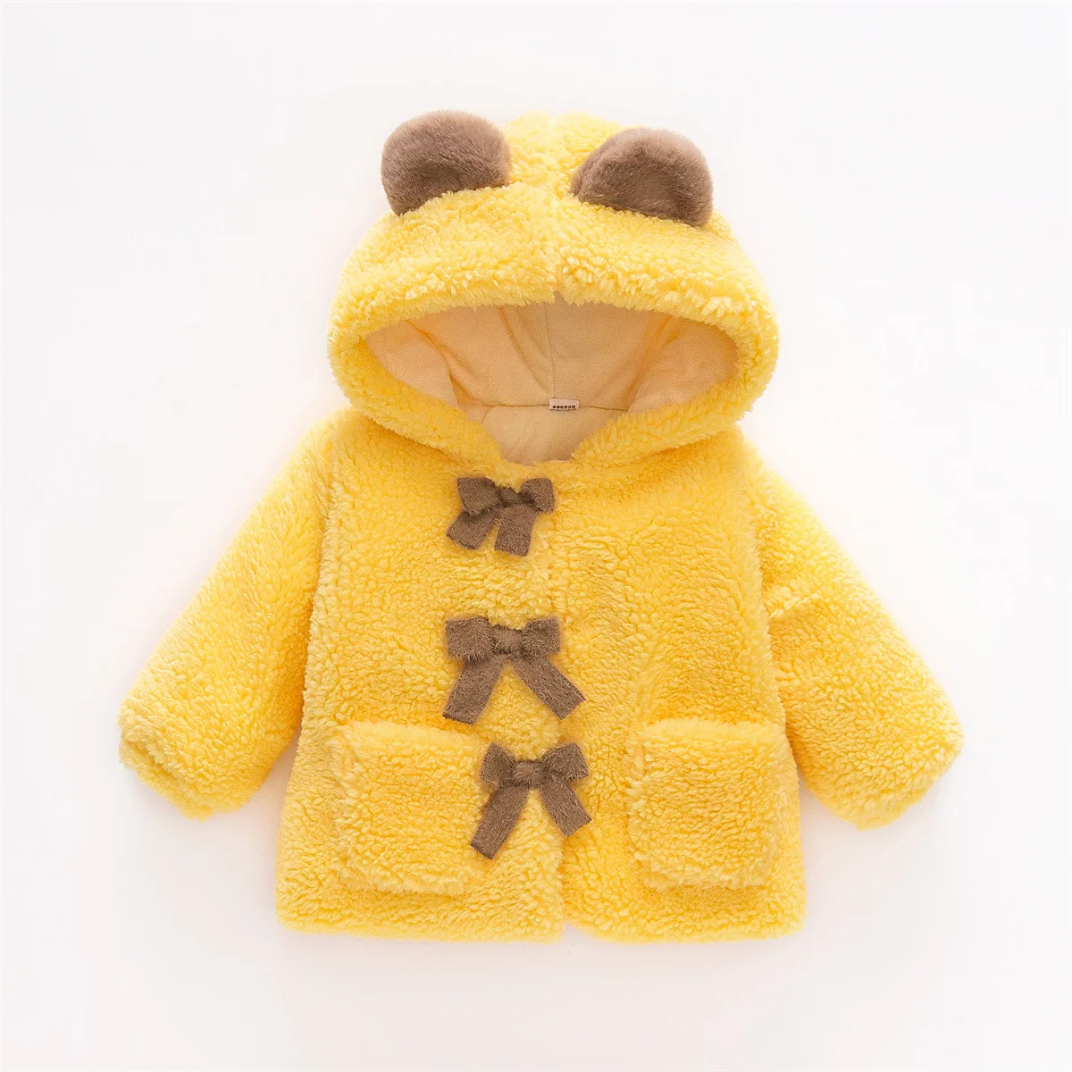 New Winter Girl's Coat Furry Hooded Bear Ears Bow Ribbon Warm Cute Girl Coat Button Long Sleeve Warm (0-3 Years Old)
