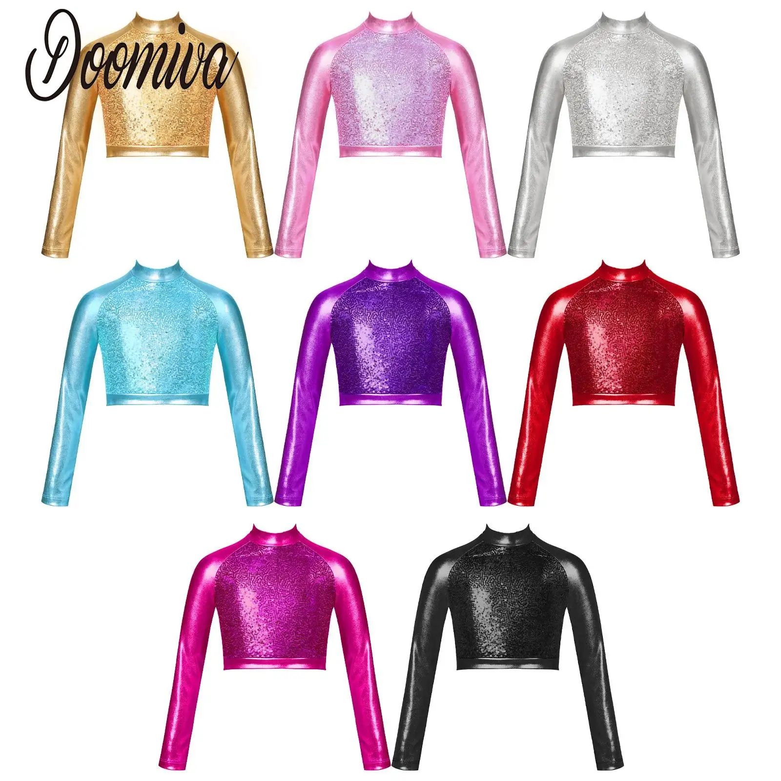

Big Girls Hip-hop Street Dance Costume Metallic Shiny Cropped Tops Mock Neck Long Sleeve Athletic T-Shirts Jazz Dance Clothes
