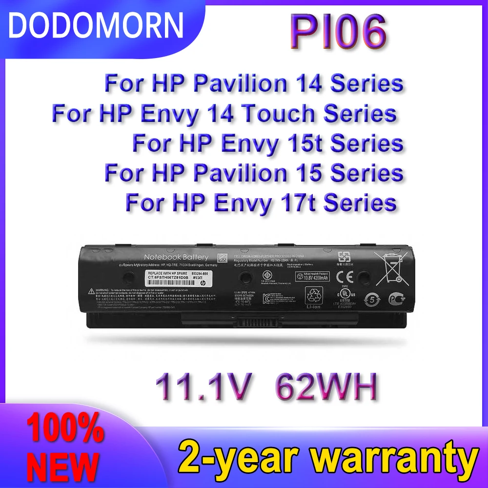 

Новый аккумулятор DODOMORN PI06 для HP Pavilion 14, 15, Envy 17, 17t, 17z, Φ, 710417-001, 710416-001PI09