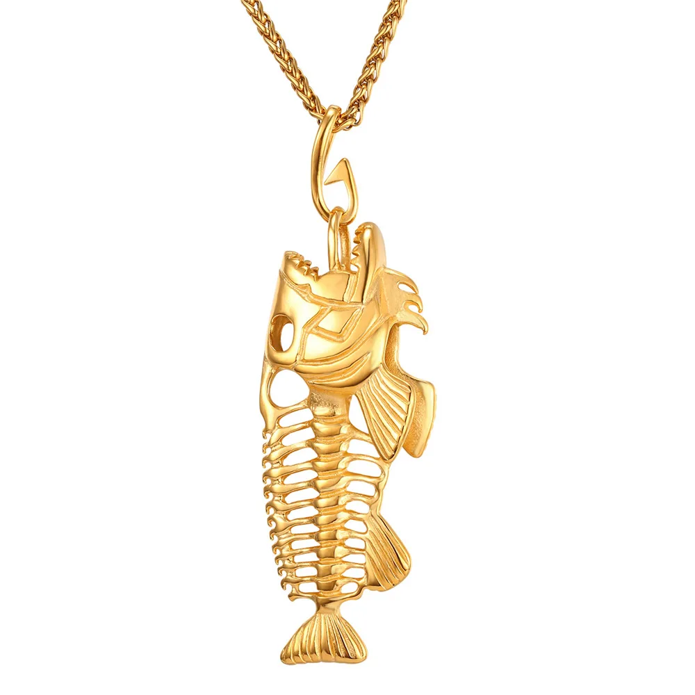 

ChainsPro Fish Bone & Fishing Hook Pendant Gold/Black Color Stainless Steel Big Fish Skeleton Necklace Pesca Men Jewelry P014