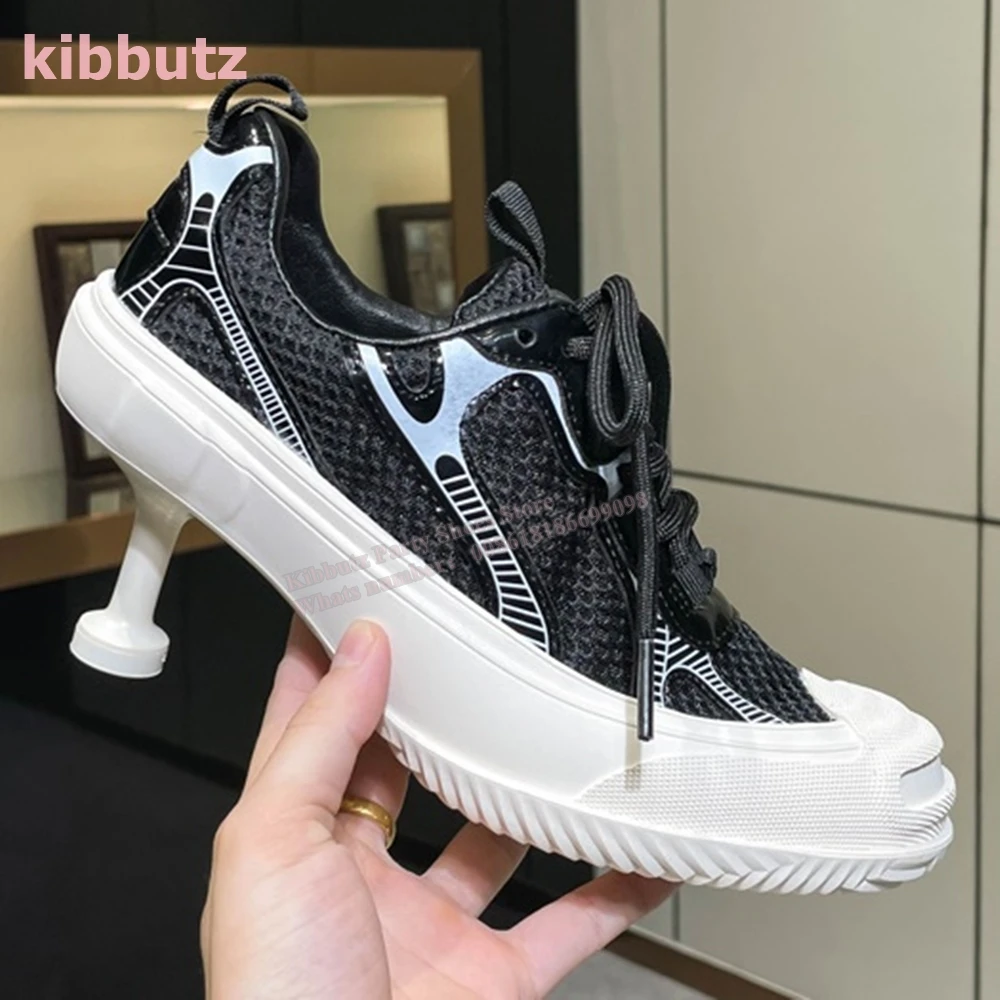 Patchwork Thin Heels Sneakers Mixed Color Round Toe Lace-Up Novelty Sexy Luxury Fashion Runway Show Comfortable Women Shoes New