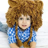 2025  Knitted Autumn Winter Baby Funny Wig HatHandmade Kids Lion Hat Caps Boys Girls Cosplay Party Fun Hat Beanie Halloween