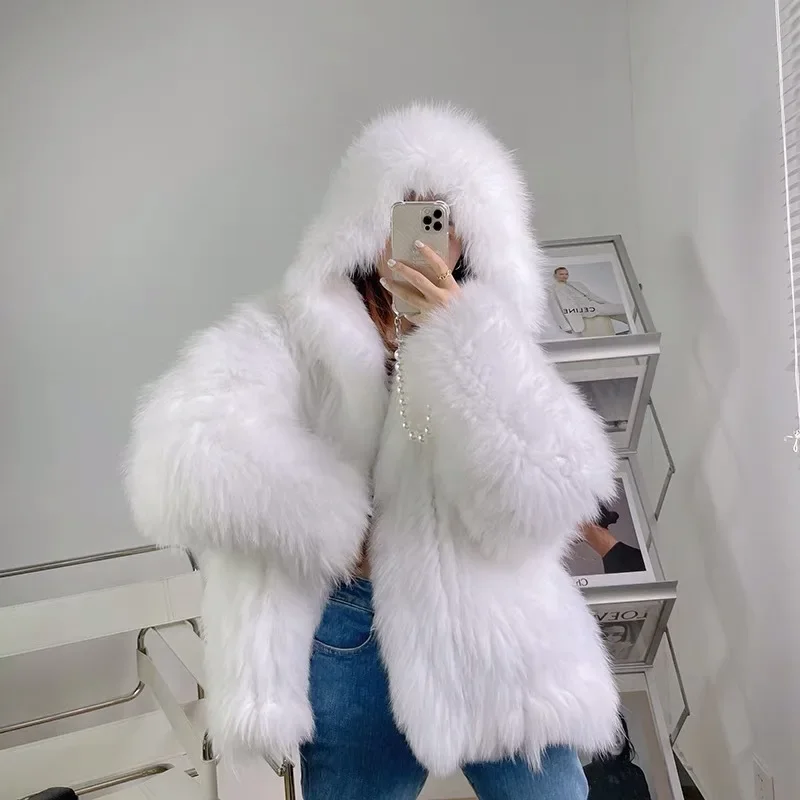 Fox Fur Double-sided Woven Warm Jackets Women's Clothing Coat Hooded Silhouette Genuine Fur Medium Length Thick Sexy Tops 2023