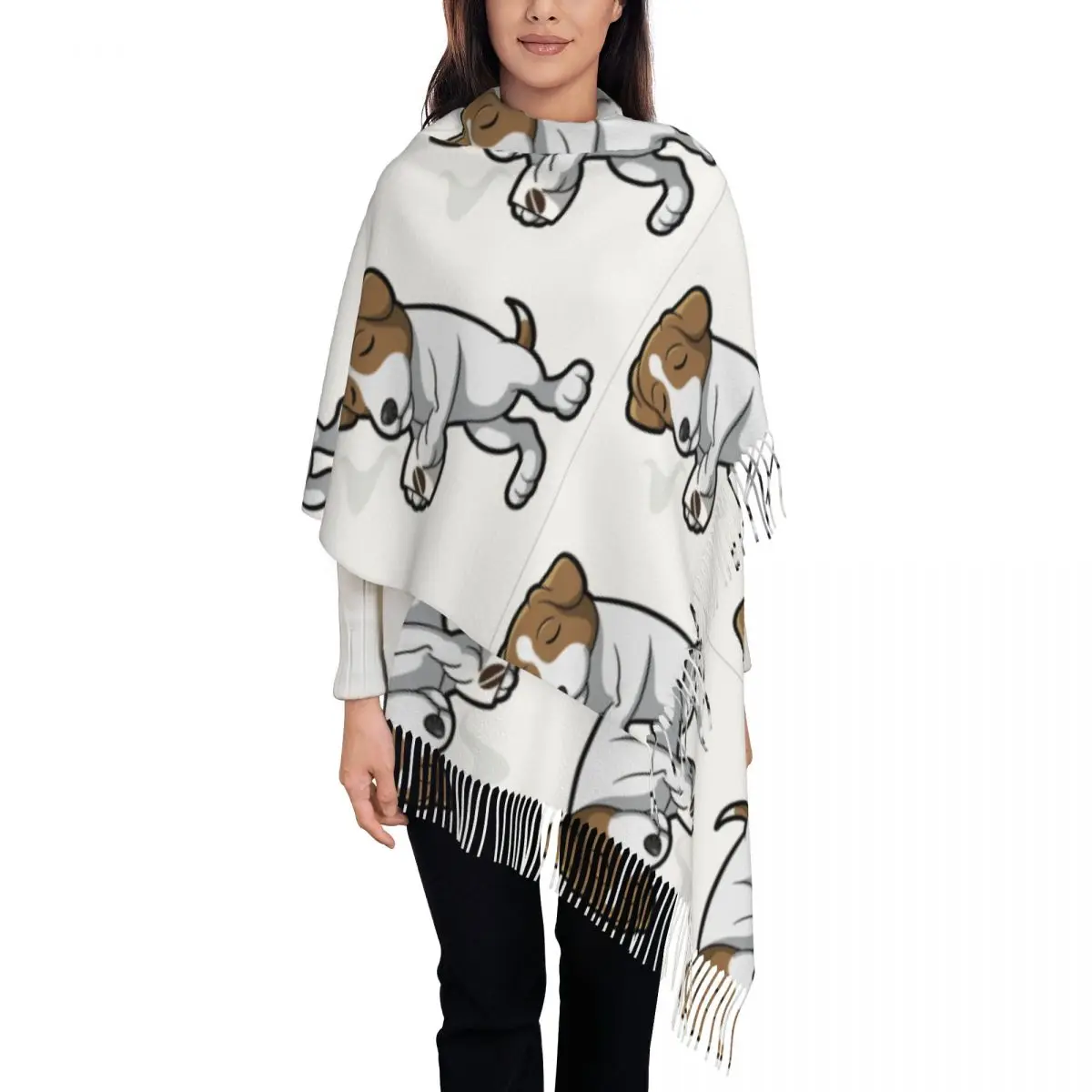 

Женская кофейная шаль Jack Рассел Terrier, теплый большой длинный шарф из пашмины, шарфы с кисточками