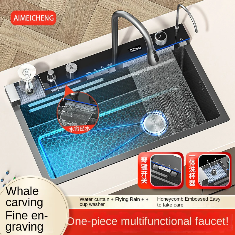 แบบบูรณาการน้ําตกอ่างล้างจานเทคโนโลยีรังผึ้งจอแสดงผลดิจิตอลขนาดใหญ่สแตนเลสเครื่องจ่ายสบู่ถ้วยเครื่องซักผ้า 1