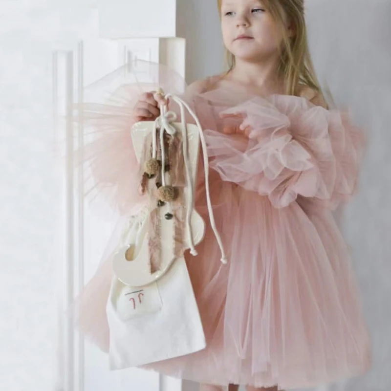 

Pink Flower Girl Dress Full Sleeves Puffy With Bow For Wedding Birthday Party Ball Gown First Communion Gowns