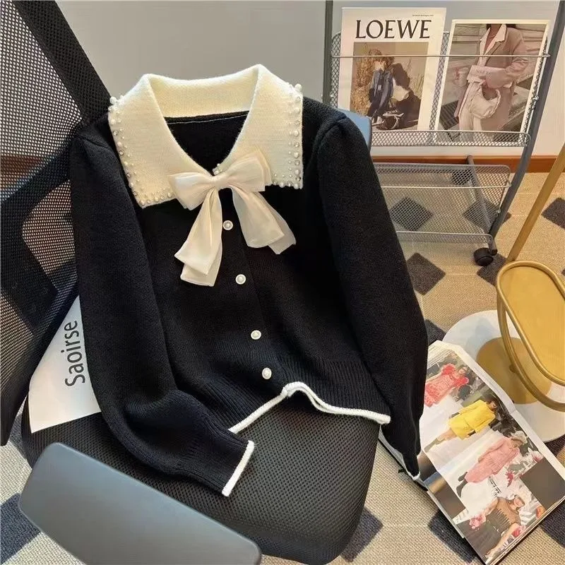 

French Sweet Bow Splice Knit Cardigan Women Fashion Lapel Beaded Single Breasted College Elastic Winter Temperament Chic Sweater