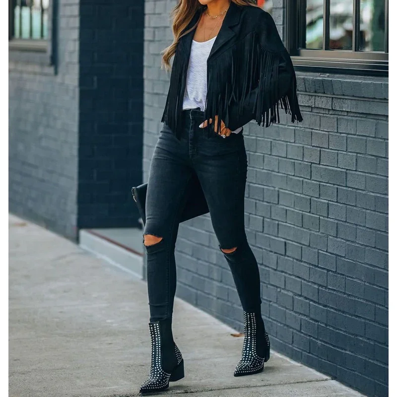 2023 Autumn Fringed Bomber Jacket Women Spring Fashion Long Sleeve Turn-down Collar Open Stitch Slim Pink Jackets Streetwear
