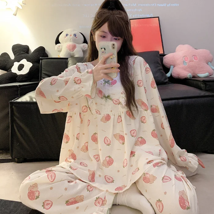 Pigiama in cotone a bolle per donna in primavera autunno, dolce ed elegante outfit per la migliore amica di Instagram, pantaloni a maniche lunghe,_voghion.com