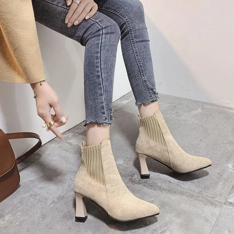 

Short Boots Women's Thick Heels 2022 New Thin Boots Pointed Toe Nude Boots Frosted High Heels Autumn and Winter Women Boots