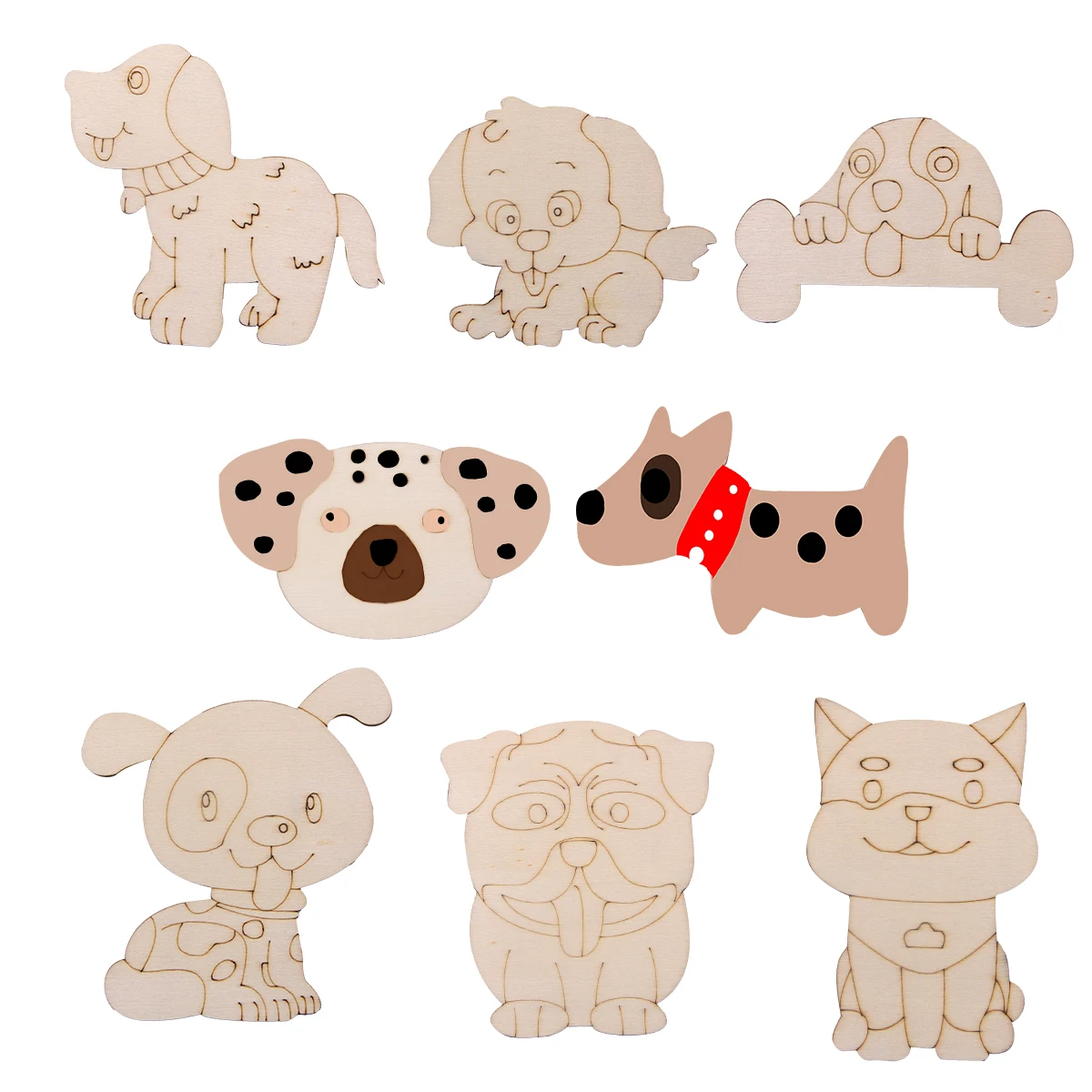 8Pcs/Set Carton Dogs Wooden Crafts Multi Type Dogs Ornament For Dog's Happy Birthday Party Decorations Kids DIY Painting Gifts