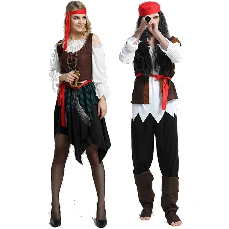 Pirata Pirati dei Caraibi Cosplay Capitano Jack Sparrow Costume Uomo Donna Maschio Femmina Carnevale Halloween Set sexy - immagine 2
