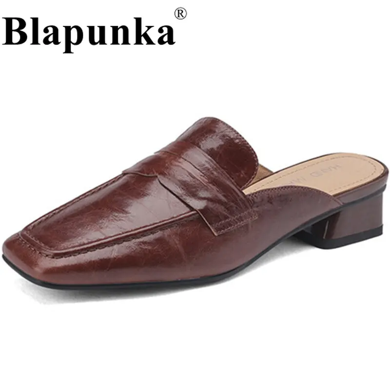 

Blapunka Women Handmade Real Leather Mules Sandals Ladies Low Block Heeled Square Toe Lazy Slipon Slippers Summer Outdoor Slides