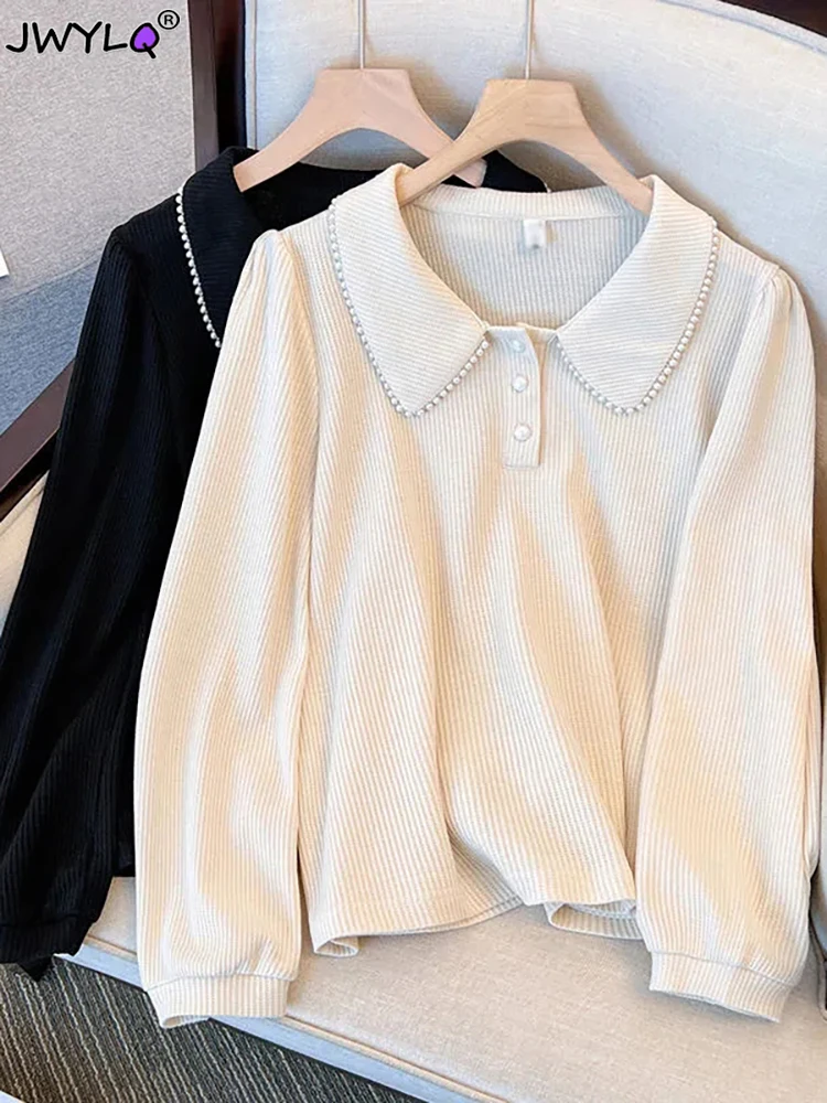 

Elegant Peter Pan Collar Pearl Decoration Knitted Pullover Sweater Women Solid Color Simple L-4xl Women Sweater Fashion Sweater