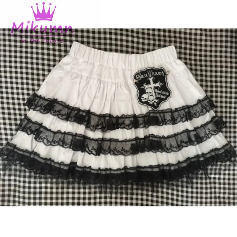 Japanese Harajuku Girls Cute Black White Lace High Waist Pleated Skirts Punk Gothic Lolita Cake Mini Skirt Cosplay Costume Skirt