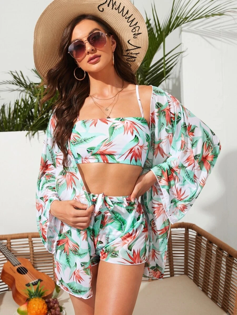 

Three Pieces Print Bikini Swimsuit with Cover Up Women High Waist Bikini Set Swimwear Summer Beach Bathing Suit