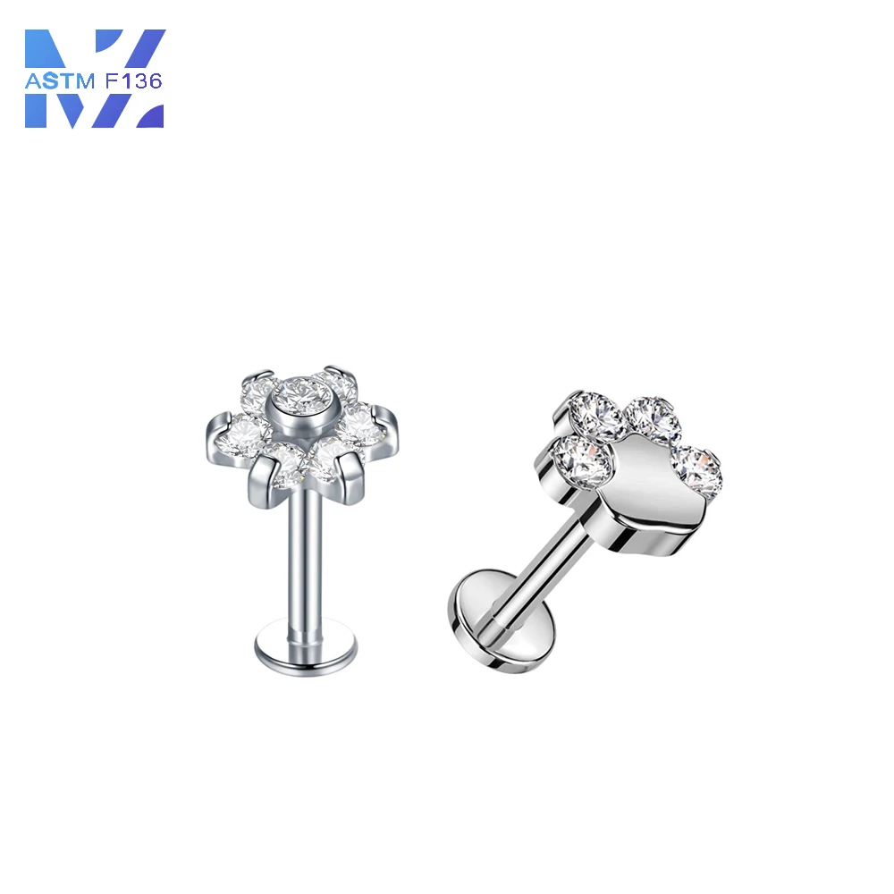 F136 티타늄 플럼 고양이 발톱 곰 발 립 스터드 세트, 지르코니아 내부 스레드 귀걸이, 코클리어 스터드 바디 피어싱 쥬얼리 