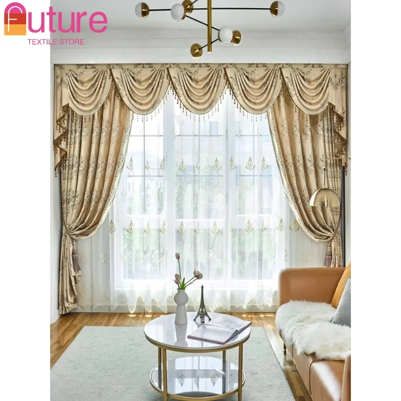 

European Jacquard Luxury Balcony Bay Window High Precision Blackout Embroidery Curtains for Living Dining Room Bedroom