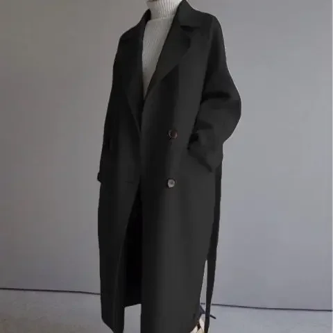 Vintage Wool Blend Coat Women Autumn Winter Long Sleeve Lapel Long Jacket Female Korean Fashion Elegant Loose Oversized Overcoat