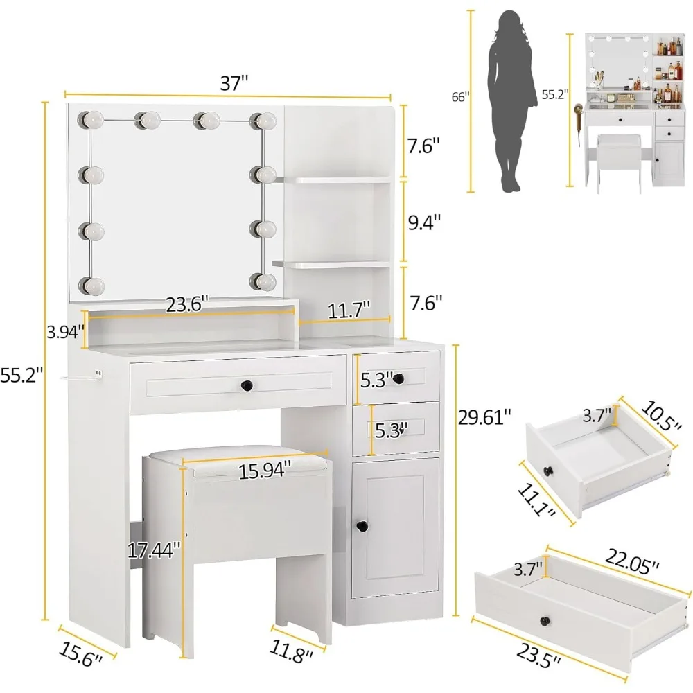 Makeup Vanity Desk with Mirror and Lights White Vanity Set with Drawers and Stool Glass Top Dressing Table Shelves 6