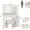 Makeup Vanity Desk with Mirror and Lights White Vanity Set with Drawers and Stool Glass Top Dressing Table Shelves 6