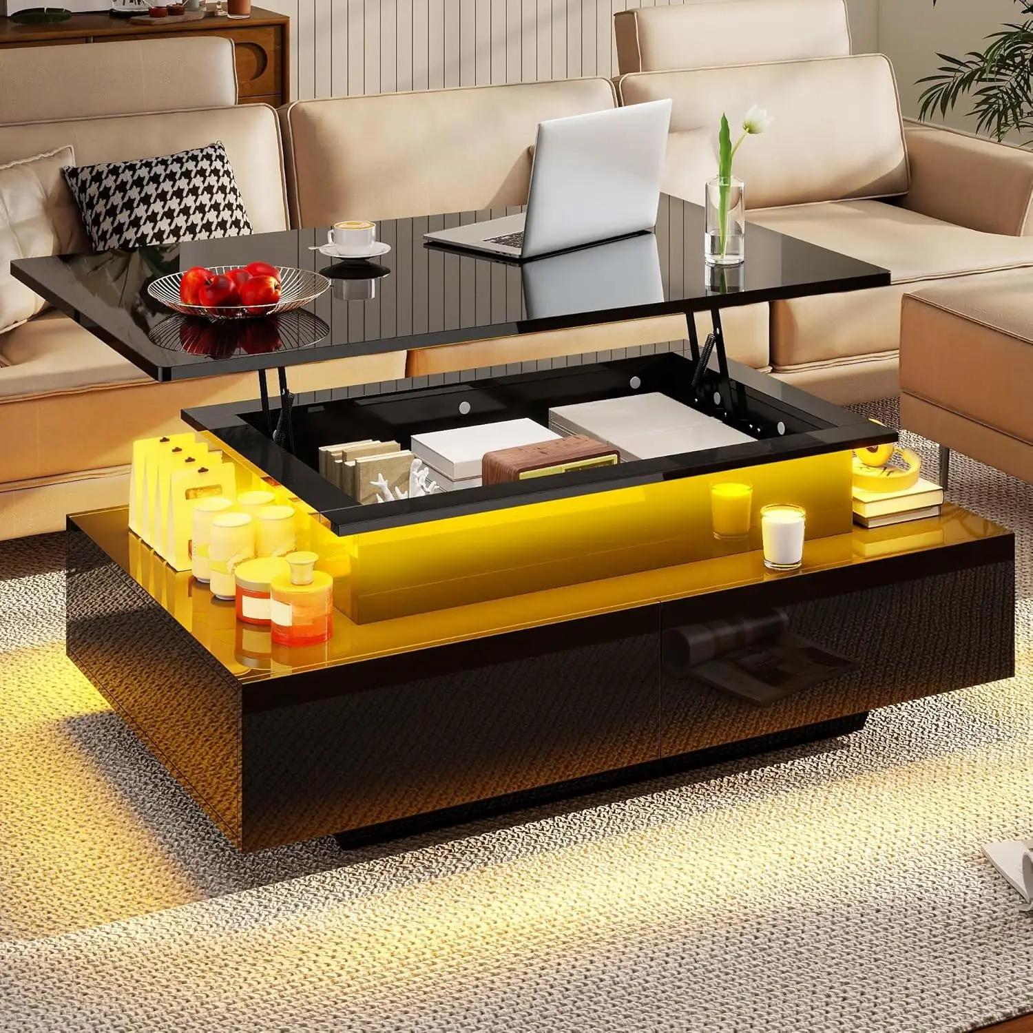 LED Lift Top Coffee Tables for Living Room, Rectangular Coffee Table with 4 Spacious Drawers, Modern Center Table with Lifting T