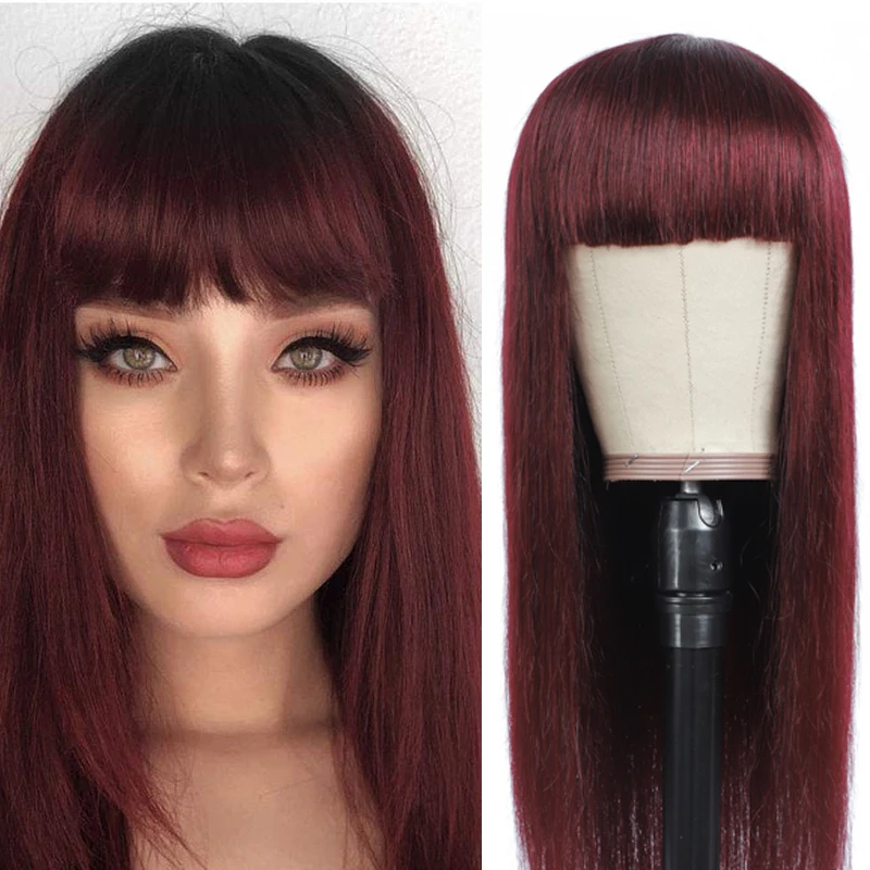 

Straight Fringe Bangs 99J/Burgundy Red Colored Human Hair Wigs Brazilian Remy Full Machine Bob Bangs Wig 150% Density Cheap