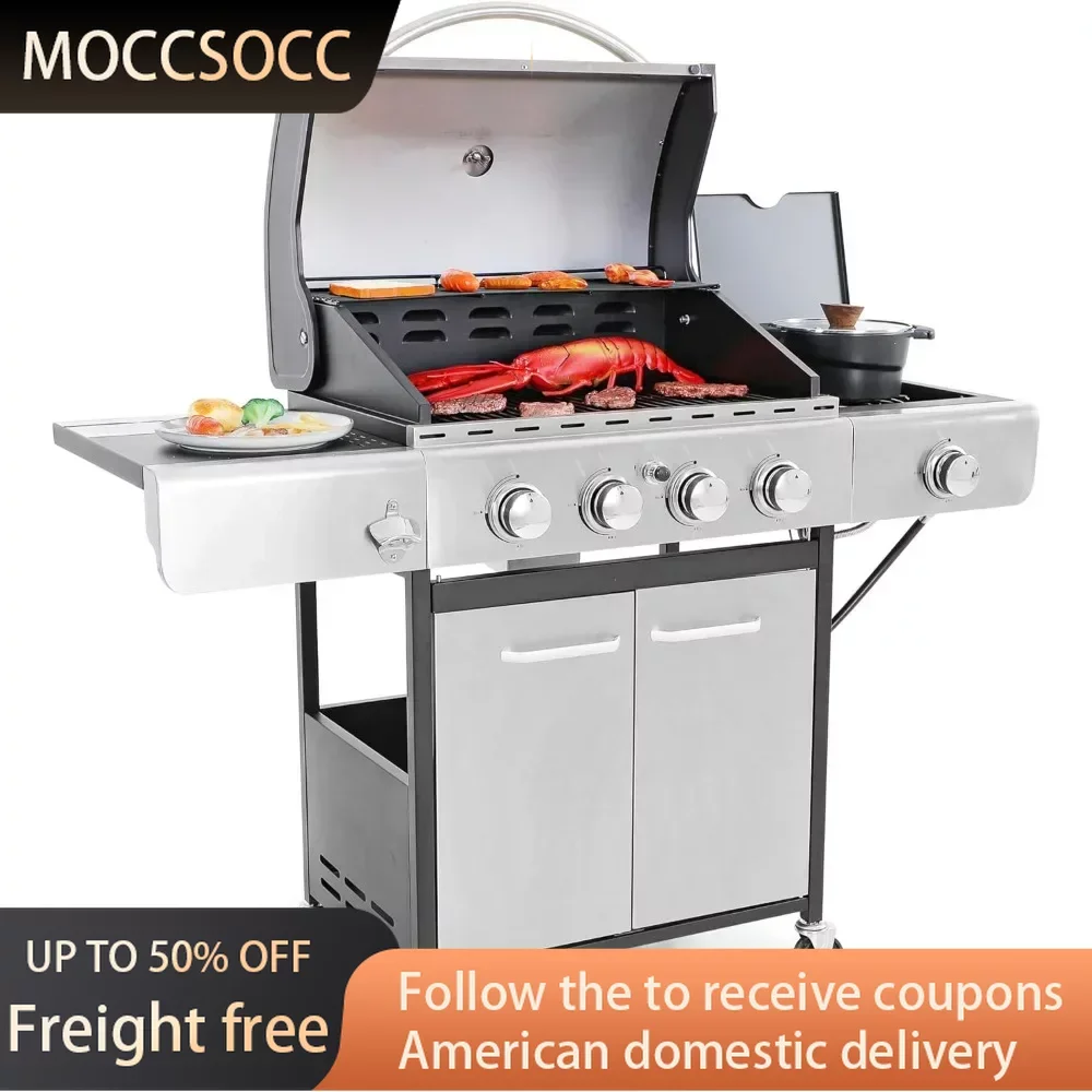 

4-Burner Propane Gas BBQ Grill With Side Burner & Porcelain-Enameled Cast Iron Grates Accessory Kitchen Accessories
