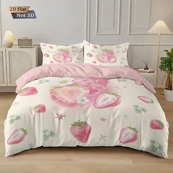 3pcs Pink Strawberry Printed Down Duvet Cover Set, Multi Size Bedroom Bedding Decoration, Machine Washable 1