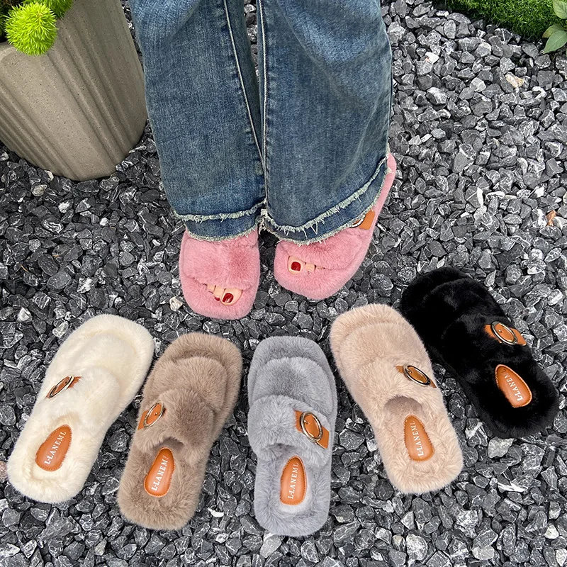

Q81 autumn and winter new square head large size fur slippers leather buckle fashion thickening and heightening cotton slippers