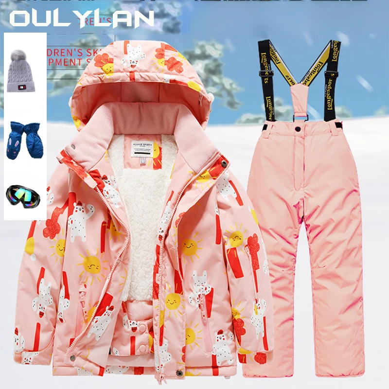 

Oulylan Children's Ski Suit Set Thickened Snow and Wind Proof Professional Waterproof Ski Coat Pants for Boys and Girls with